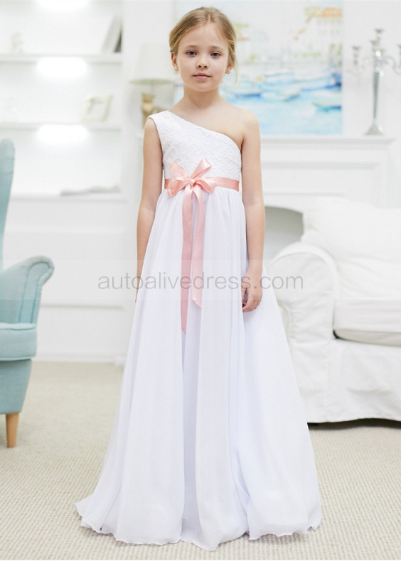 One Shoulder White Lace Chiffon Long Flower Girl Dress